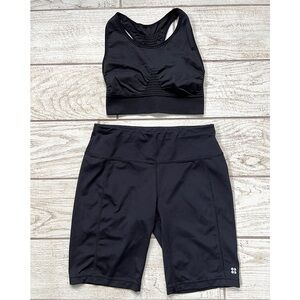Sweaty Betty black workout set: contour biker shorts + seamless sports bra